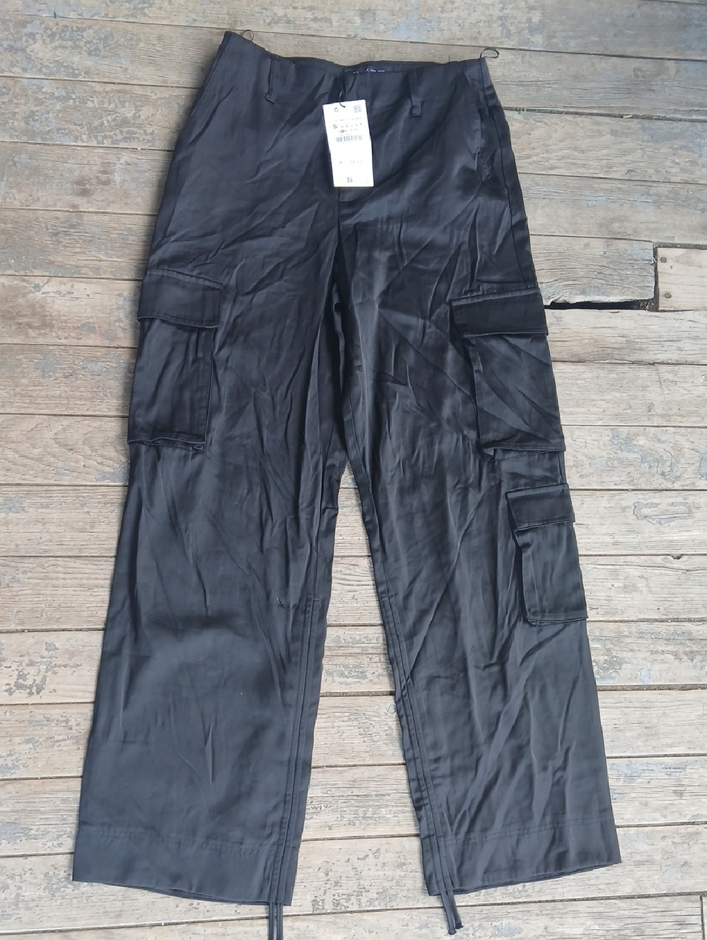 NWT Zara Black Silky Wide Leg Cargo Trousers with Utility Pockets Size Small